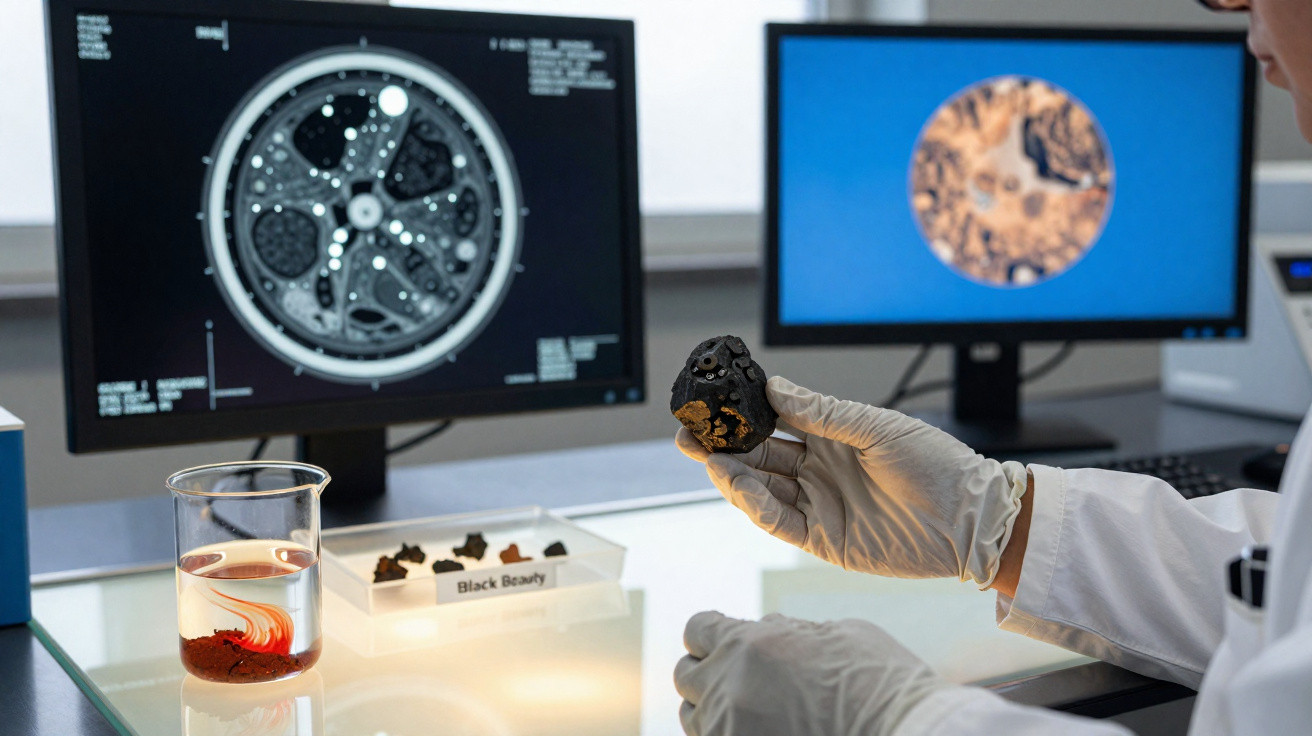 Pesquisador com luvas segurando amostra de meteorito Black Beauty em laboratório com telas ao fundo.