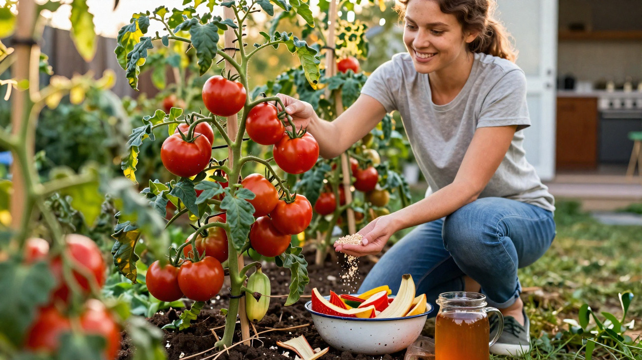 Mulher sorrindo cuida de tomates maduros em uma horta, com frutas e jarra ao lado no chão.