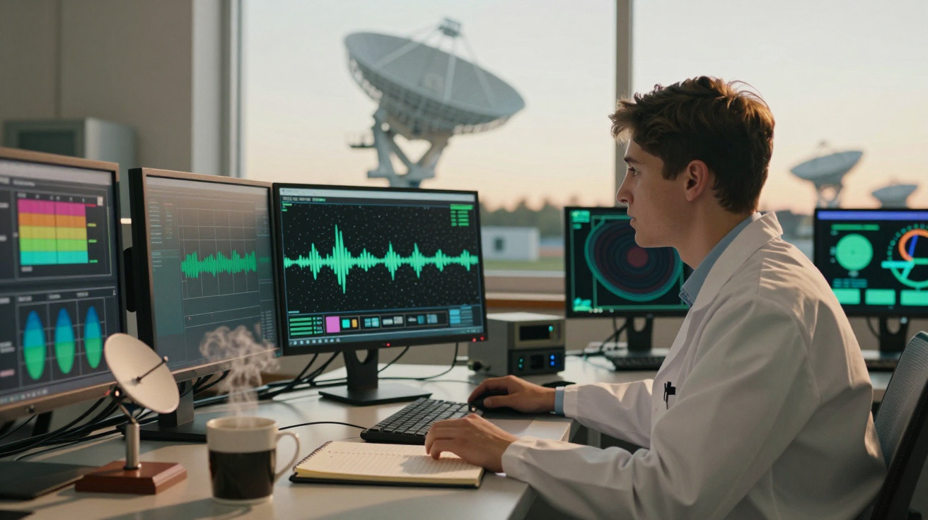 Jovem cientista analisa dados em monitores com antenas parabólicas ao fundo em laboratório de telecomunicações.