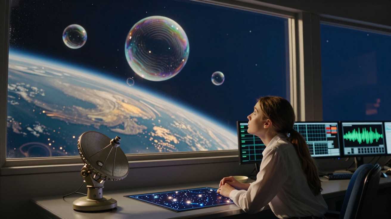 Jovem observa bolhas flutuantes no espaço com vista da Terra, em sala de controle futurista.