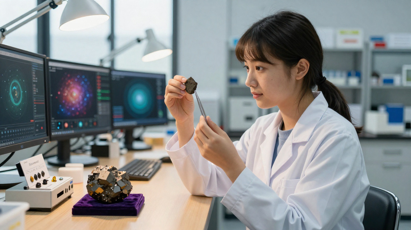 Cientista em laboratório analisando fragmento de meteorito com pinça, com monitores mostrando dados espaciais.