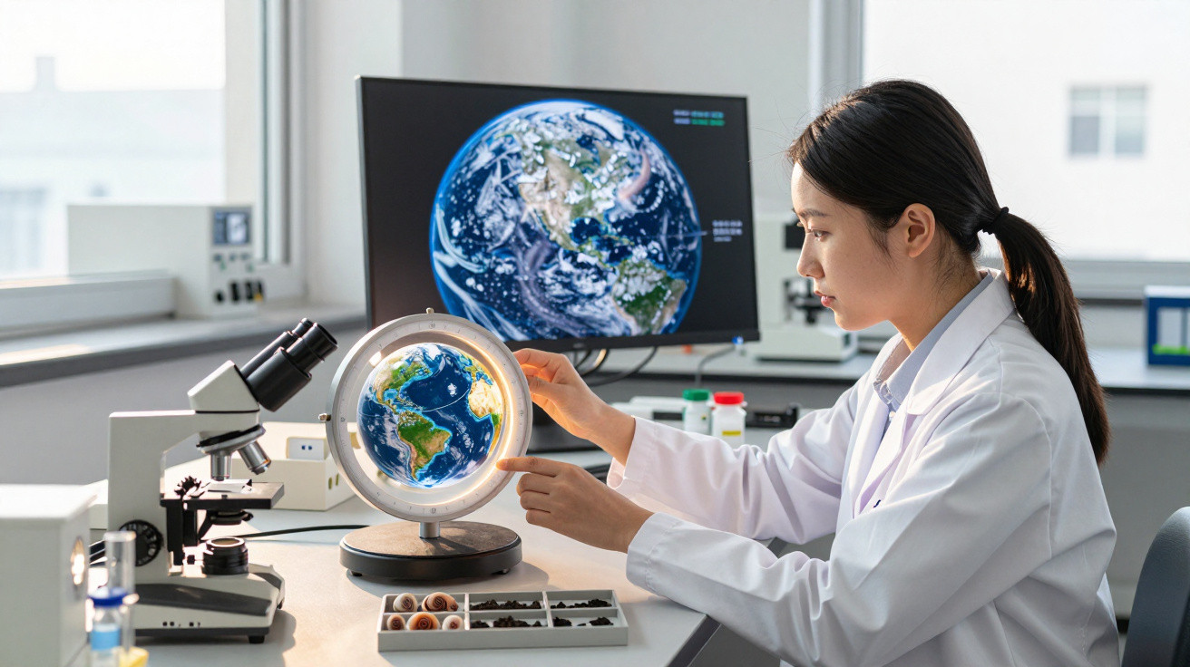 Cientista mulher analisando globo terrestre iluminado em laboratório com microscópio e tela ao fundo.