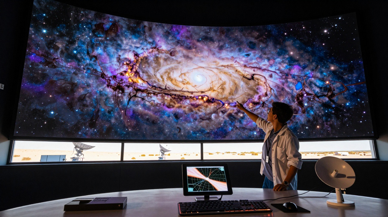 Pessoa em laboratório aponta para tela curva exibindo imagem detalhada de galáxia colorida com estrelas e poeira cósmica.