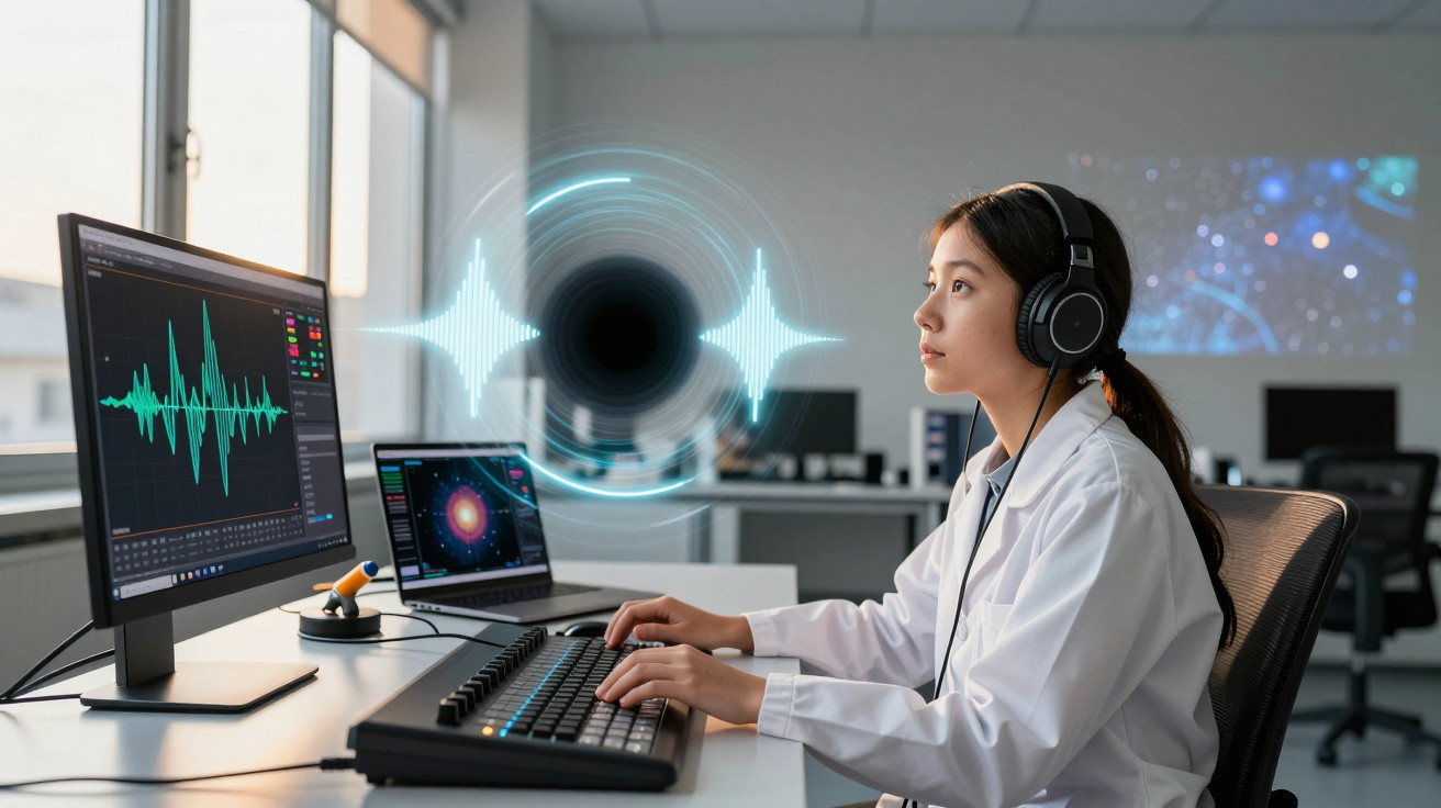 Mulher cientista usando fones analisa ondas sonoras em telas de computador em laboratório moderno.