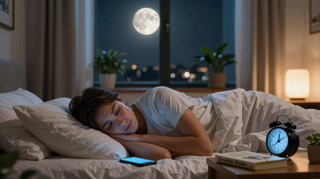 Homem dormindo na cama à noite com celular ao lado, janela aberta mostrando lua cheia e cidade ao fundo.