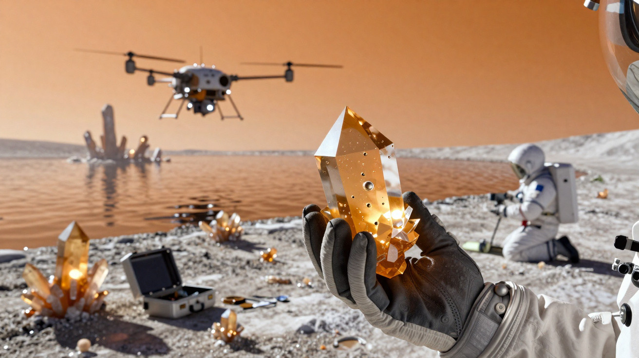 Astronauta segurando grande cristal âmbar em planeta com drone, lago e outro astronauta ao fundo.
