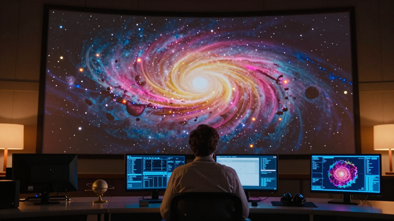Pessoa observando uma galáxia colorida em uma grande tela, com três monitores e equipamentos em uma sala escura.