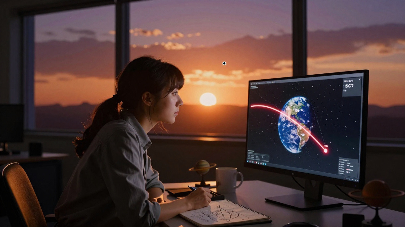 Mulher observando gráfico digital da Terra no computador durante pôr do sol na janela de escritório.