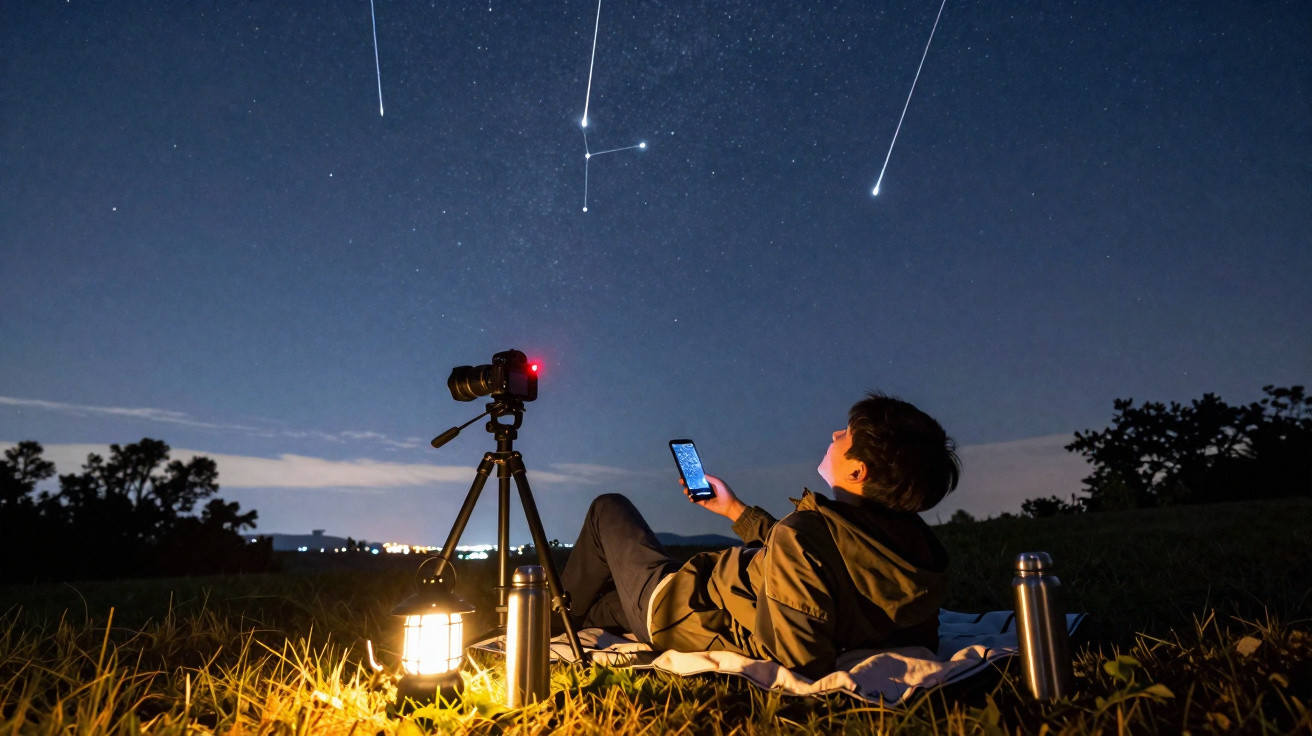 Pessoa observando o céu estrelado com chuva de meteoros, câmera em tripé e lanterna acesa na grama à noite.