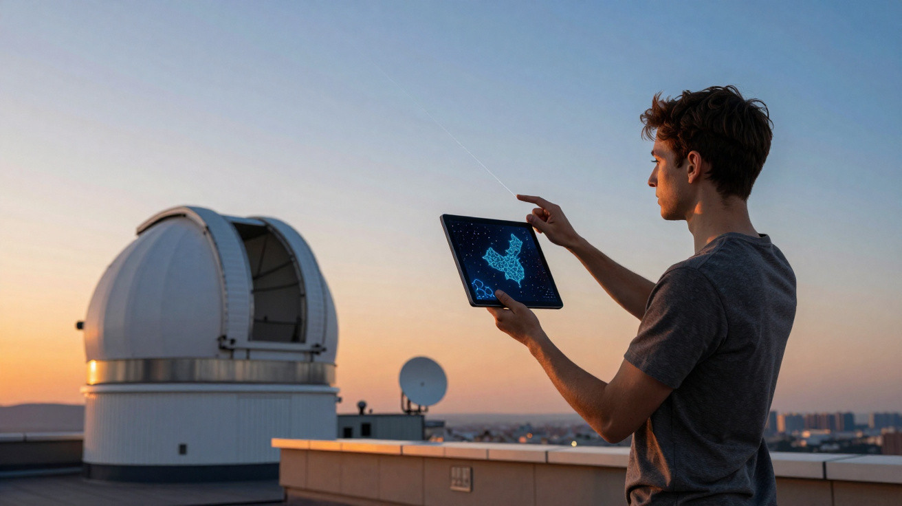Jovem usando tablet com mapa estelar ao pôr do sol próximo a observatório astronômico.
