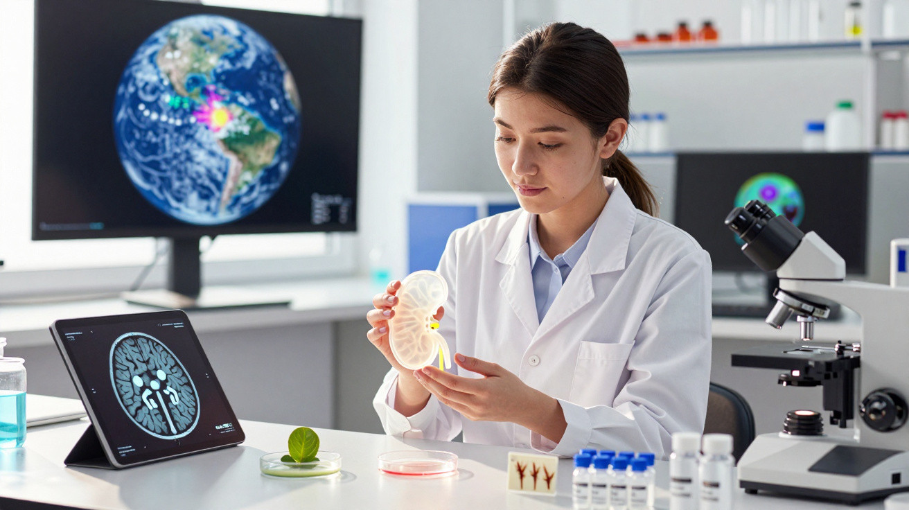Cientista em laboratório segurando modelo anatômico de rim com imagens digitais em telas ao fundo.