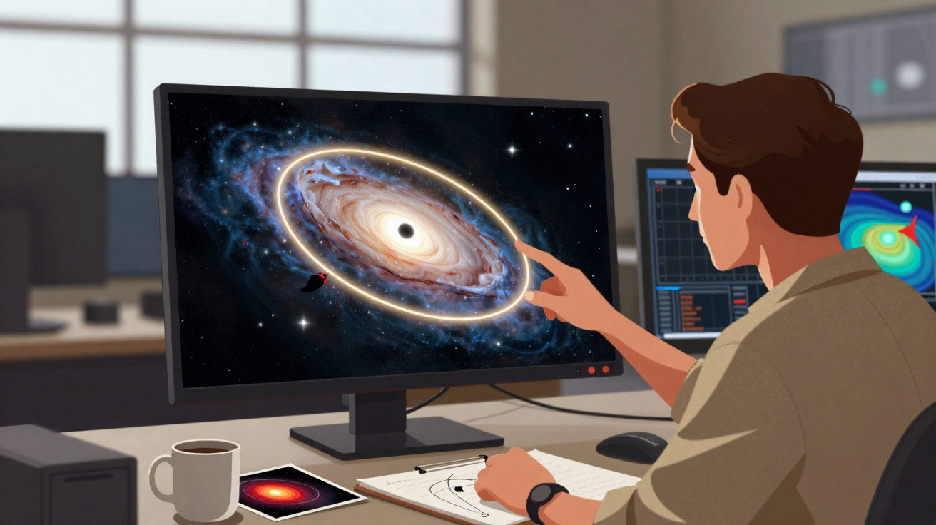 Homem analisando imagem de buraco negro em tela de computador em escritório moderno.