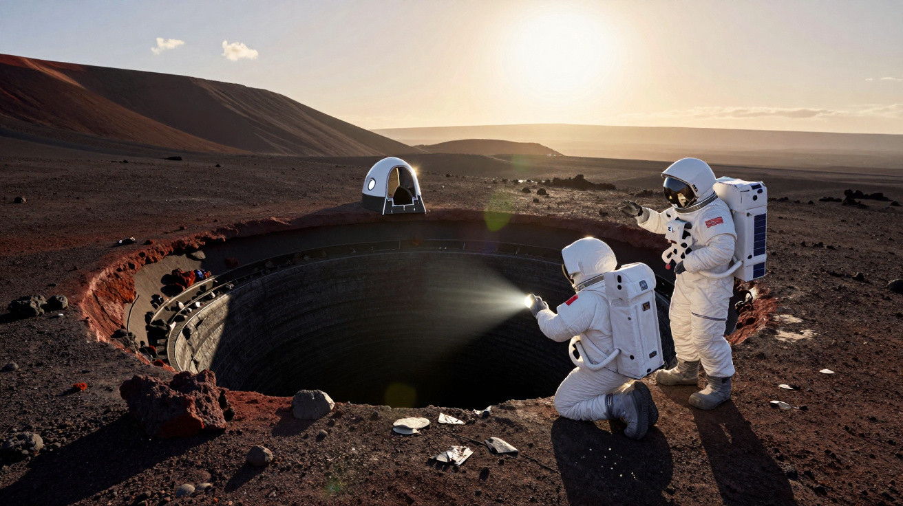 Dois astronautas em trajes espaciais exploram buraco profundo em terreno árido ao pôr do sol.