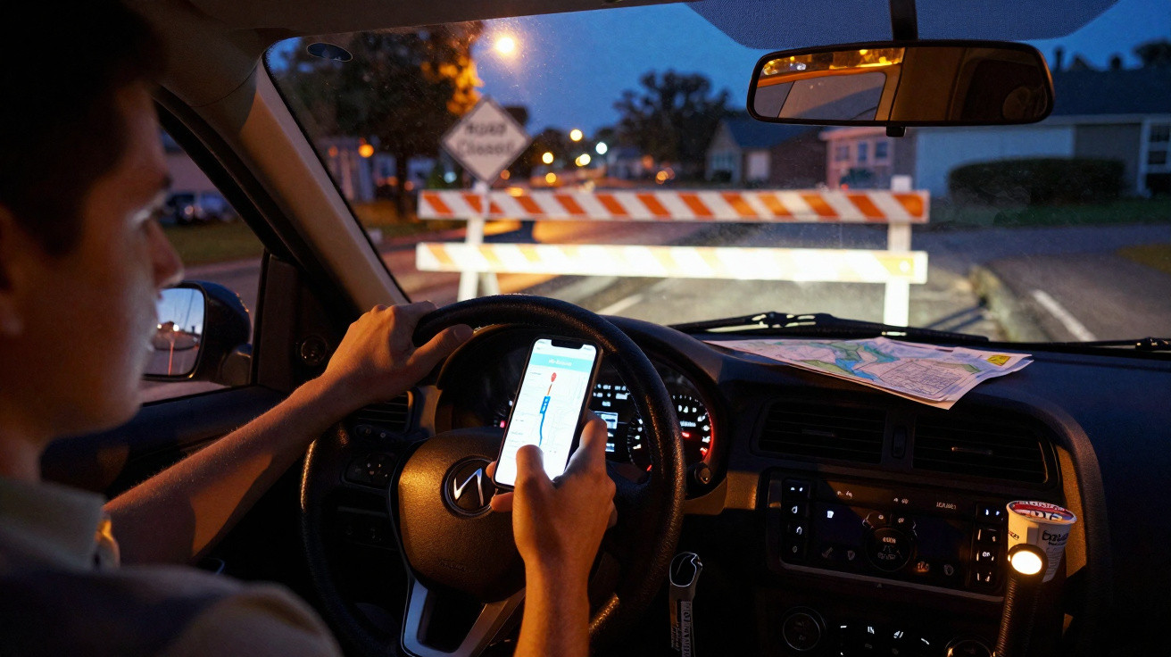 Motorista dentro do carro à noite segurando celular com GPS, diante de bloqueio na estrada à frente.