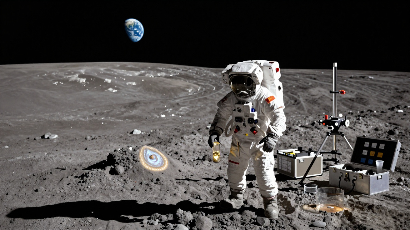 Astronauta em traje espacial realiza experimento lunar com Terra ao fundo e equipamentos científicos.