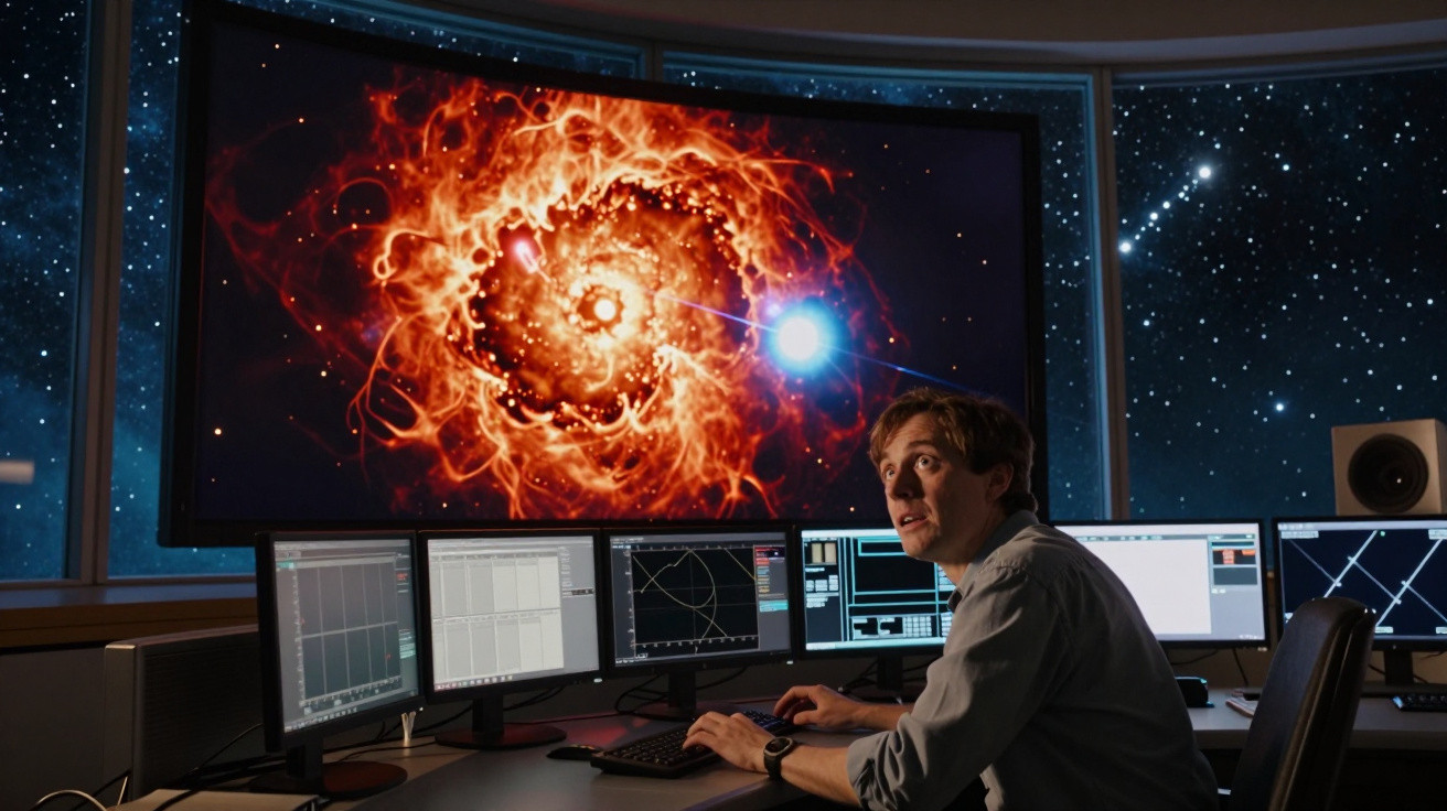 Homem observa explosão estelar em grande tela rodeado por múltiplos monitores em observatório espacial.