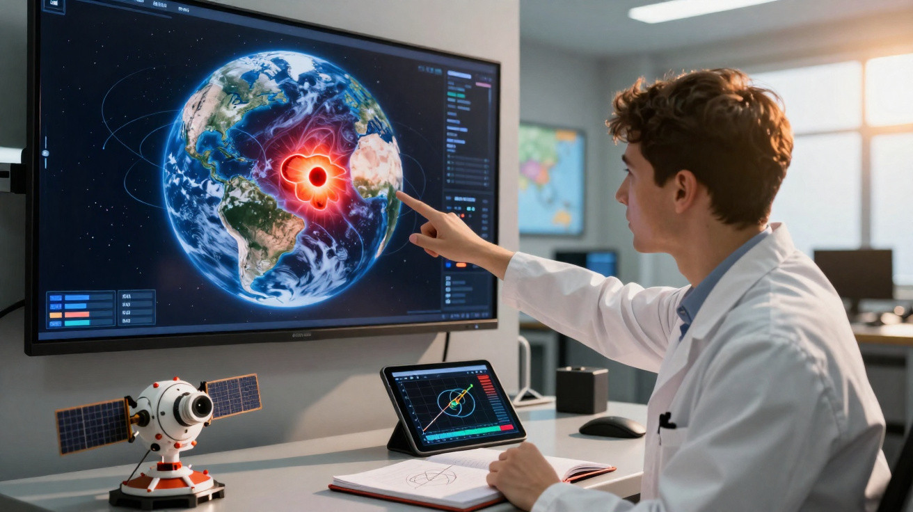 Homem em jaleco analisa imagem digital da Terra com foco em área destacada de atividade nuclear na tela.