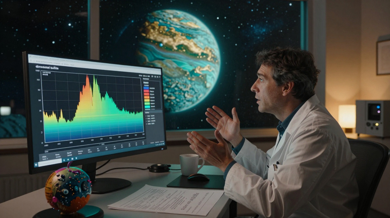 Cientista analisando gráficos de dados em computador com planeta alienígena visível pela janela ao fundo.
