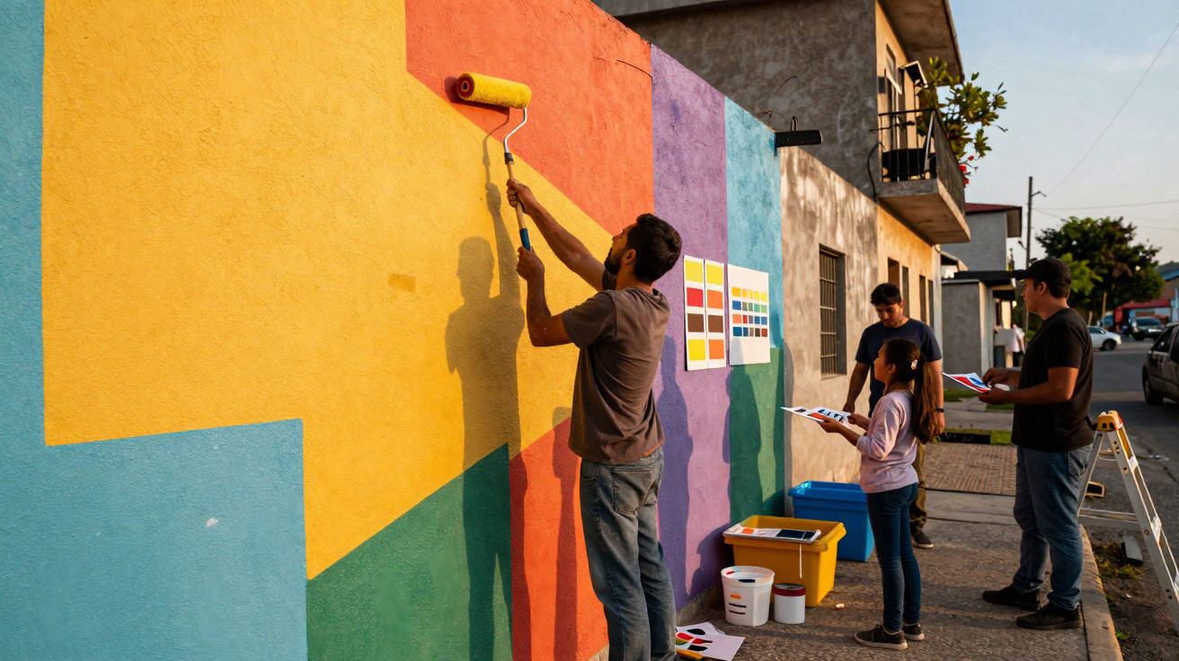 Pessoas pintando um muro colorido com rolo, escolhendo cores e comparando amostras em ambiente externo.