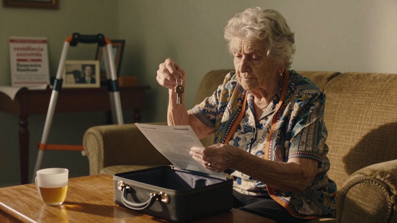 Mulher idosa sentada no sofá lendo documento e segurando chaves com maleta aberta na mesa à frente.