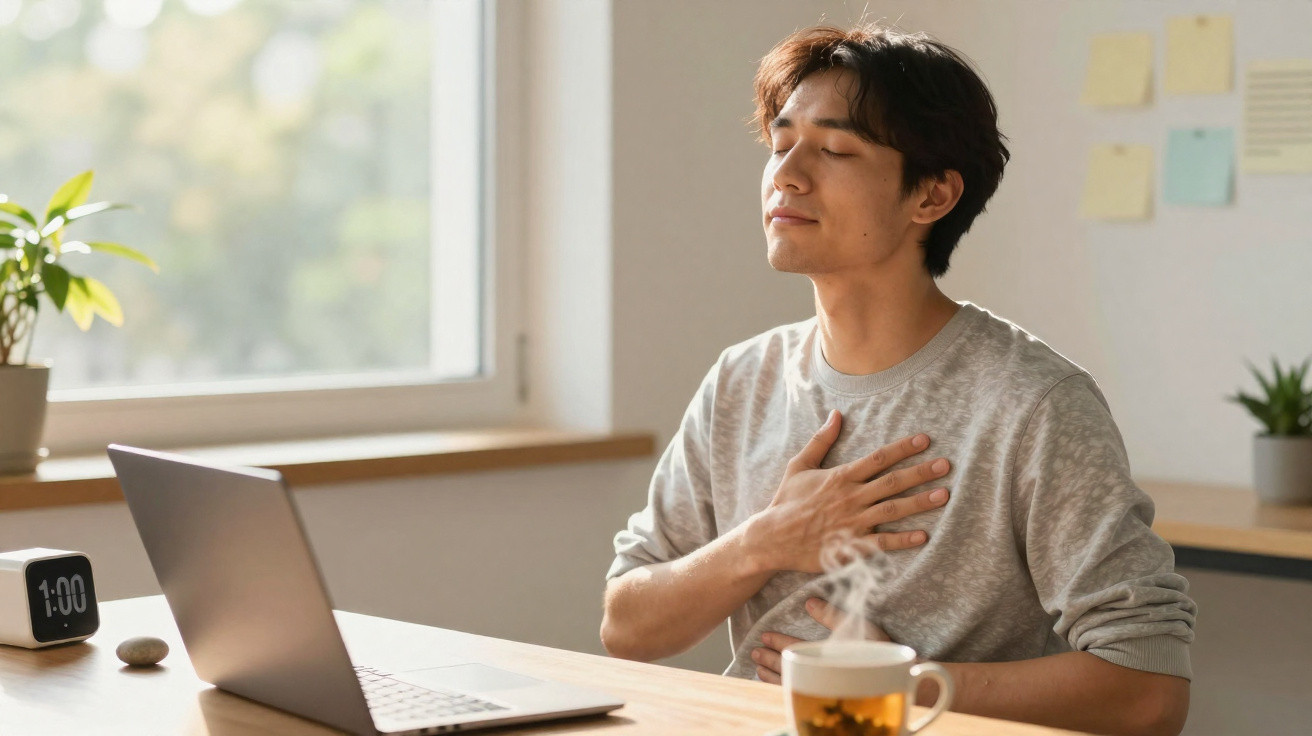 Jovem sentado à mesa com laptop, olhos fechados, mão no peito, em um ambiente iluminado e tranquilo.