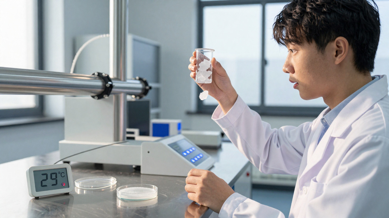 Cientista em jaleco segurando amostra em frasco no laboratório com termômetro marcando 29°C.