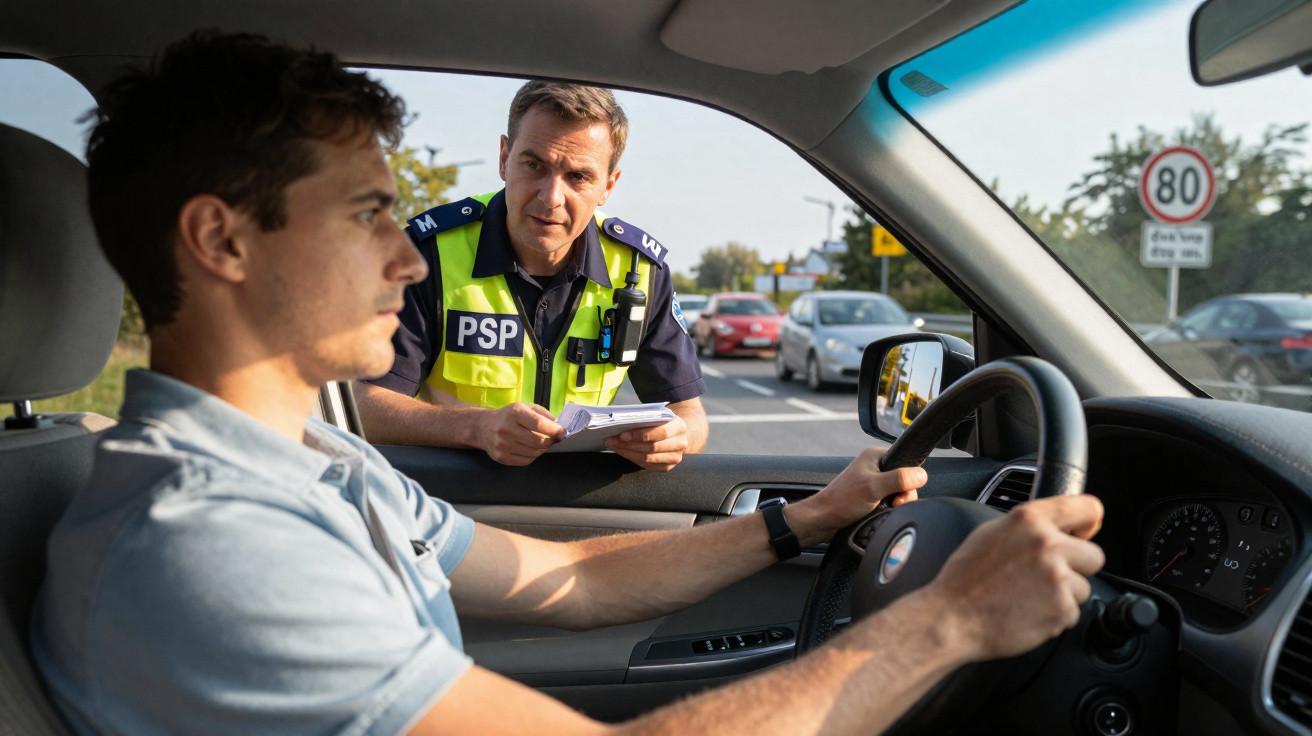 Policial de trânsito verificando documentos de motorista em carro parado na estrada.