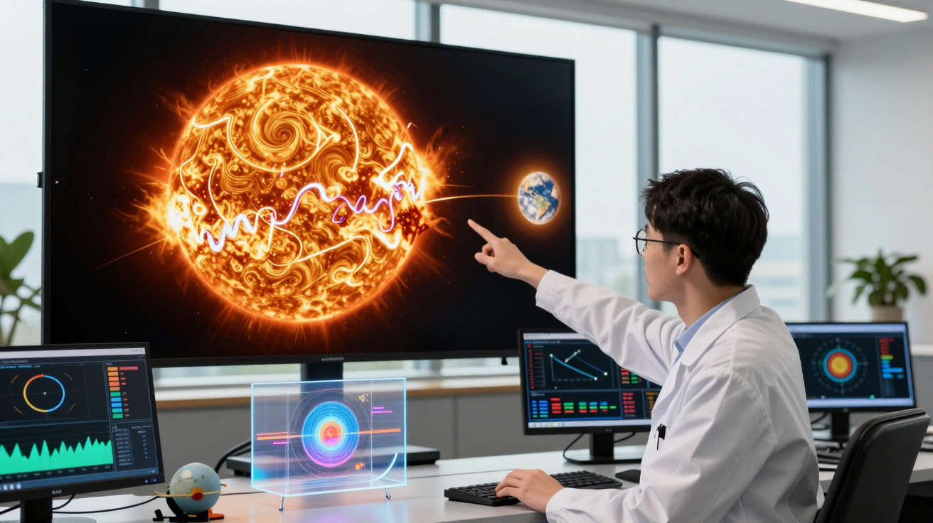 Cientista analisa dados do sol e da Terra em telas digitais em laboratório moderno.