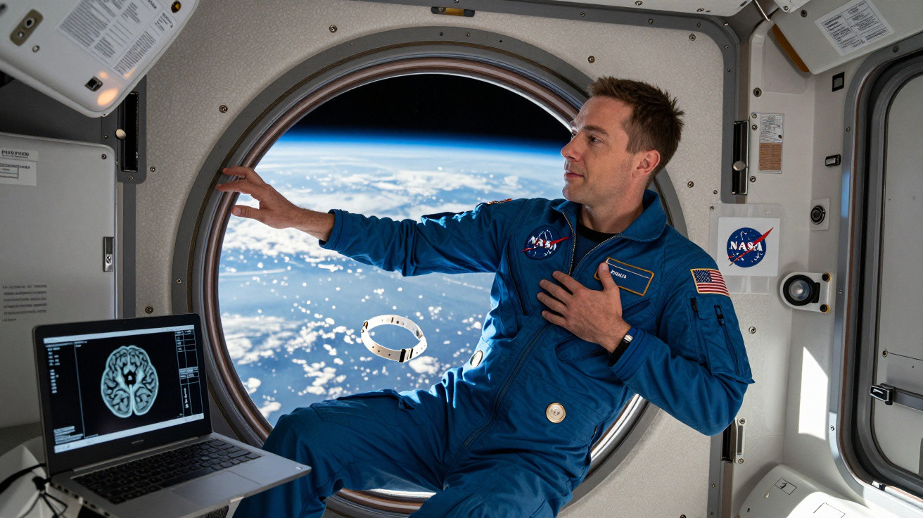Astronauta com traje azul dentro da ISS olhando pela janela circular para a Terra no espaço.