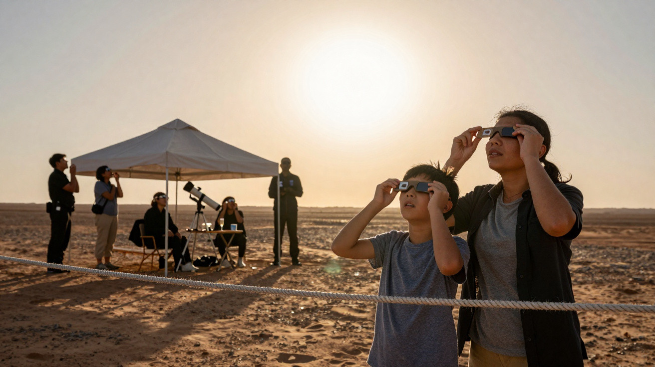 Pessoas observando o céu com óculos especiais e telescópios durante o pôr do sol em área desértica.