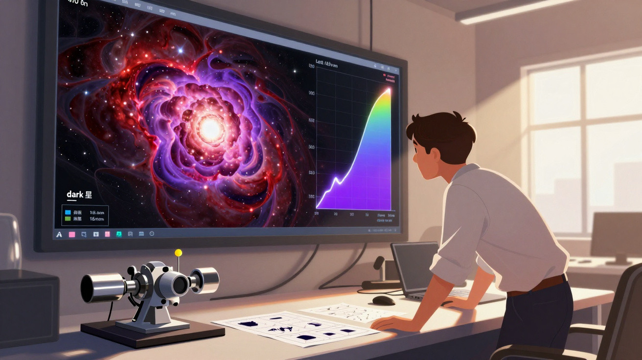 Homem observa tela com imagem de universo e gráfico em escritório moderno iluminado pelo sol.