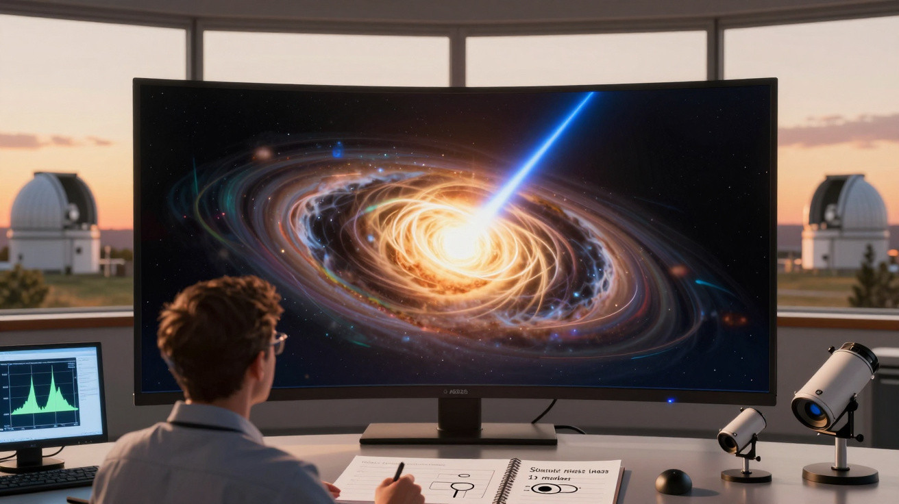 Pessoa observando em um monitor curvado uma animação de galáxia com feixe de luz em observatório astronômico.