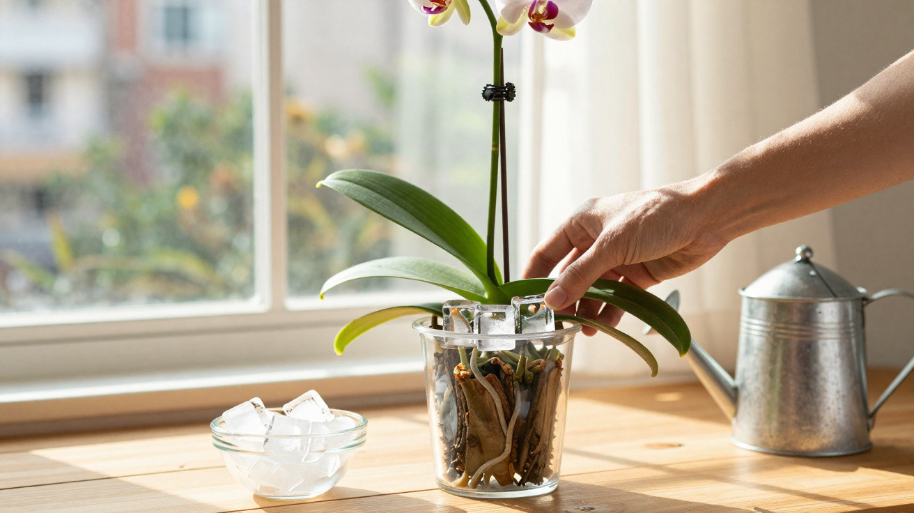 Pessoa colocando cubos de gelo em vaso transparente com orquídea próxima à janela ensolarada.