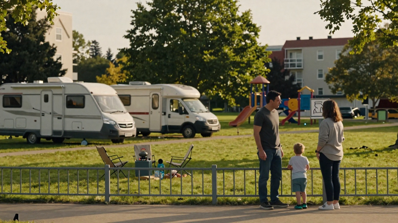 Casal com criança pequena em parque verde com trailer e playground ao fundo em dia ensolarado.