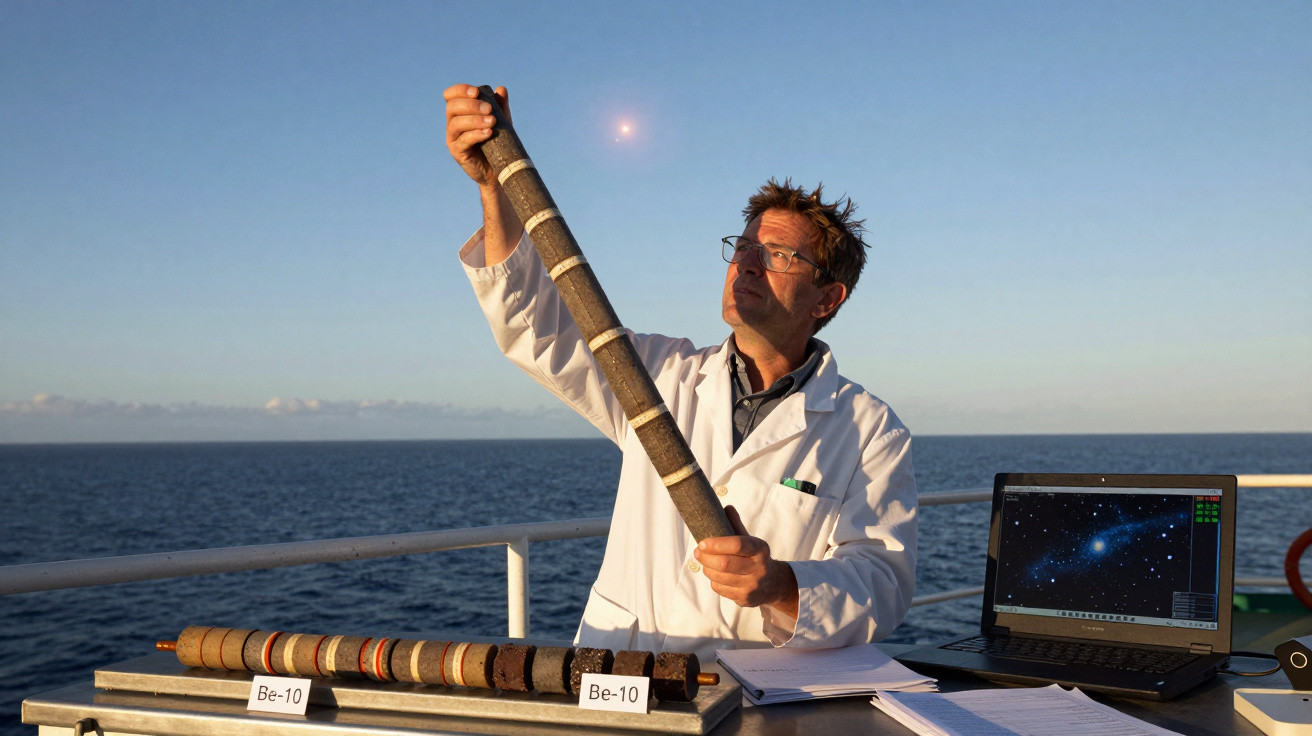 Cientista em barco segurando cilindro de sedimentos com laptop exibindo imagens do espaço ao fundo do mar.