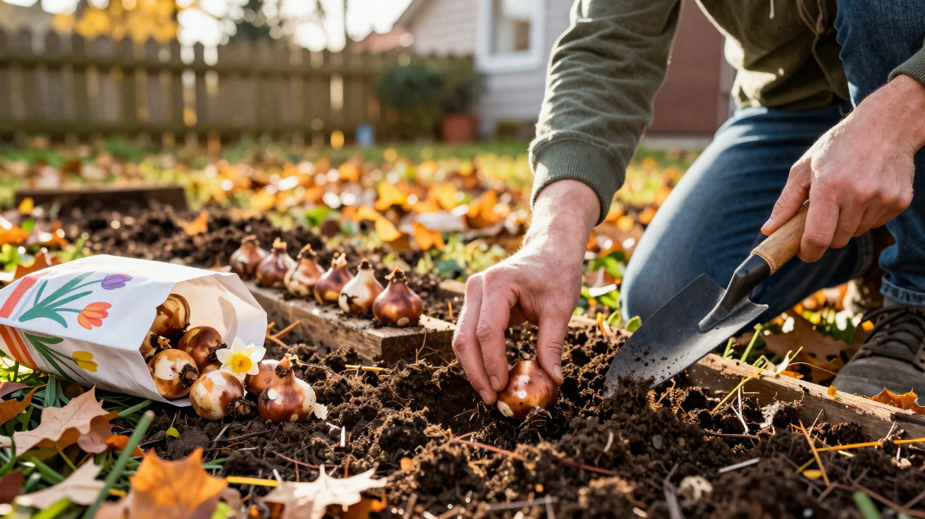 Pessoa plantando bulbos de flores em canteiro de terra com folhas secas ao redor no jardim.