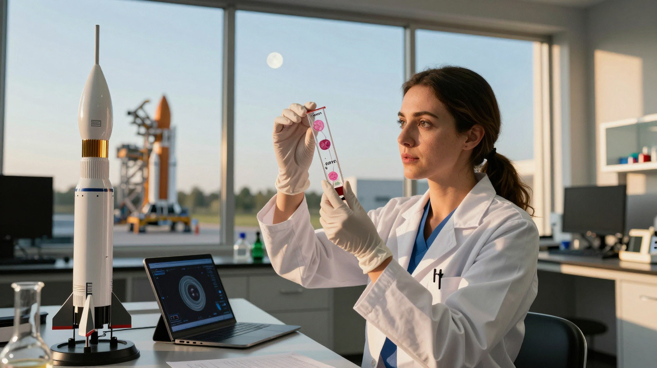 Mulher cientista em laboratório examinando amostra com modelo de foguete e laptop ao fundo.