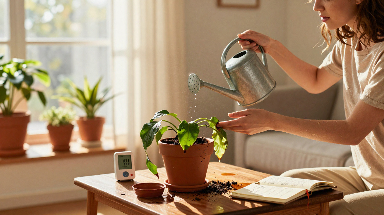 Pessoa regando planta em vaso sobre mesa de madeira ao lado de diário e umidade ambiente.