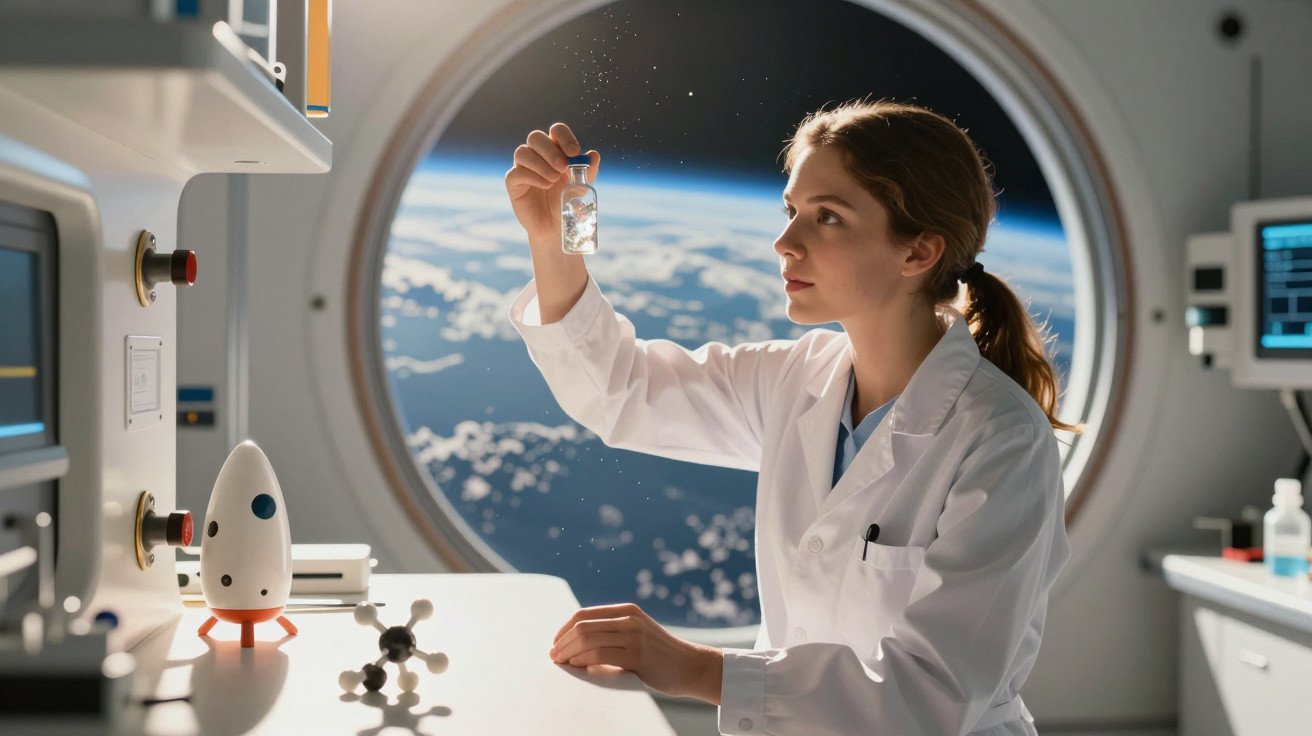 Mulher cientista em laboratório espacial observa frasco com substância, com vista para a Terra pelo telescópio.