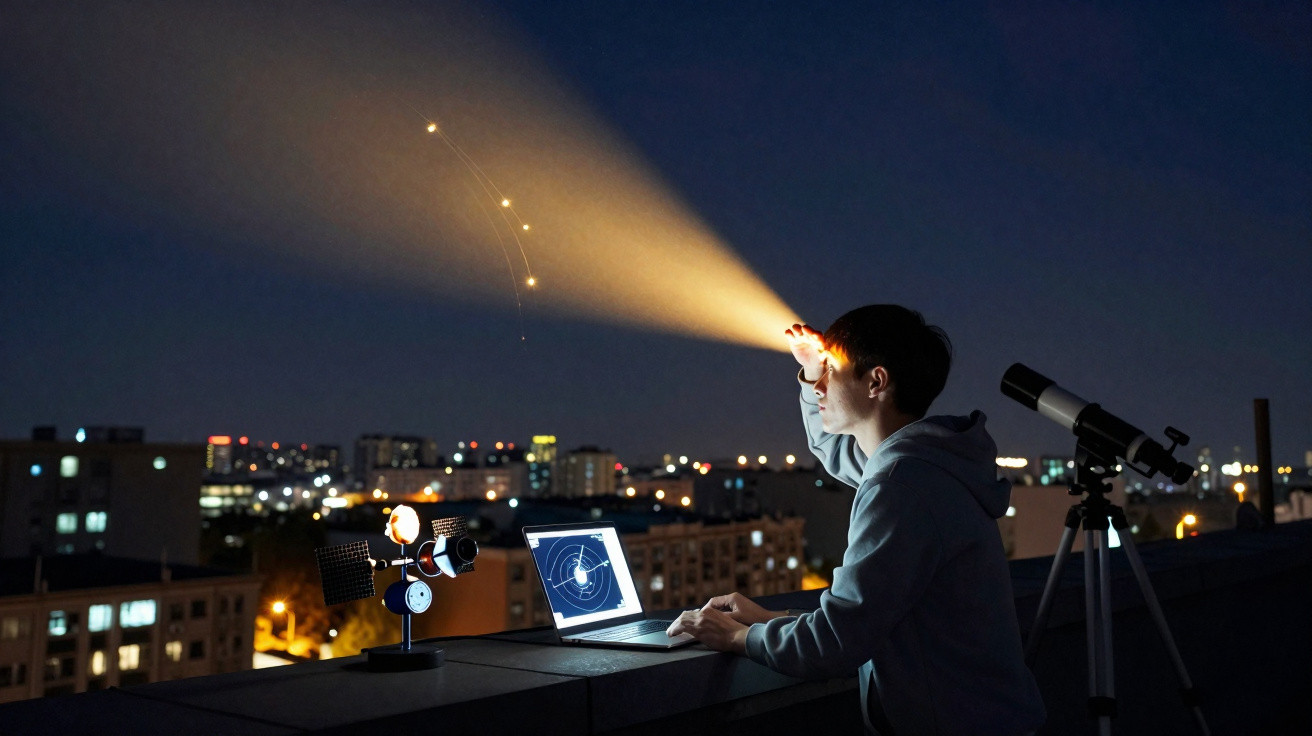 Pessoa usando laptop e telescópio na cobertura à noite, observando estrelas e planetas no céu.