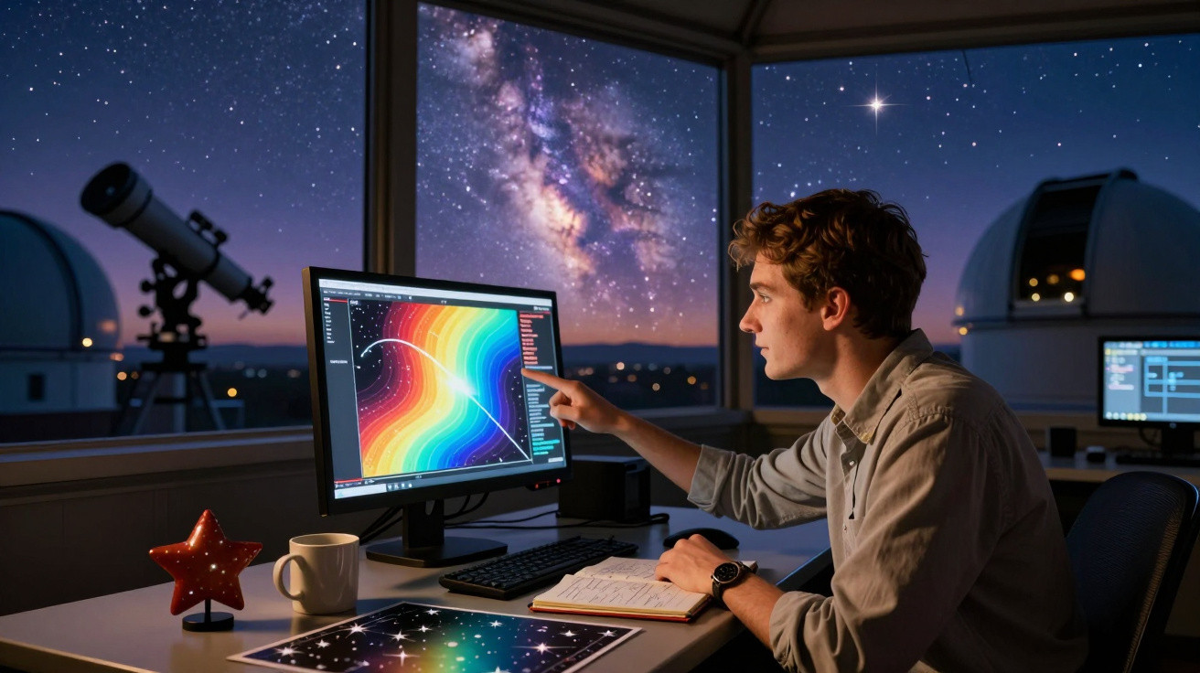Jovem observador aponta para gráfico colorido no computador em sala com telescópio e céu estrelado ao fundo.