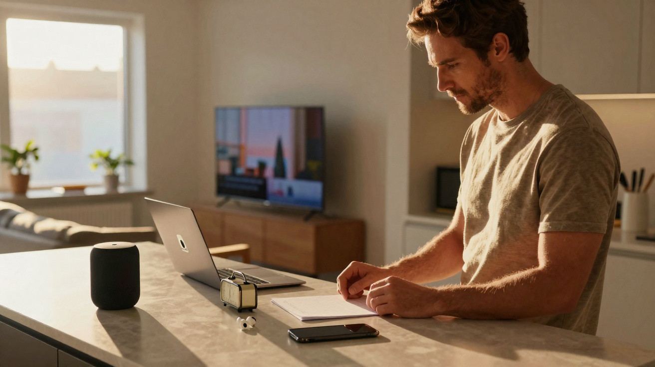 Homem trabalhando em pé à mesa com notebook, celular e objetos domésticos em sala iluminada pelo sol.