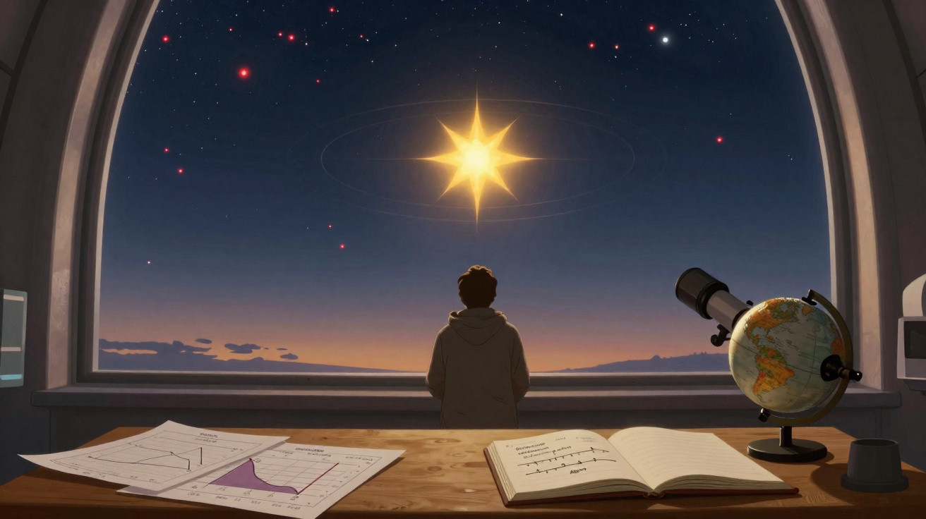 Pessoa observando estrela brilhante à noite de uma janela arqueada com mapas, livro aberto e globo terrestre na mesa.