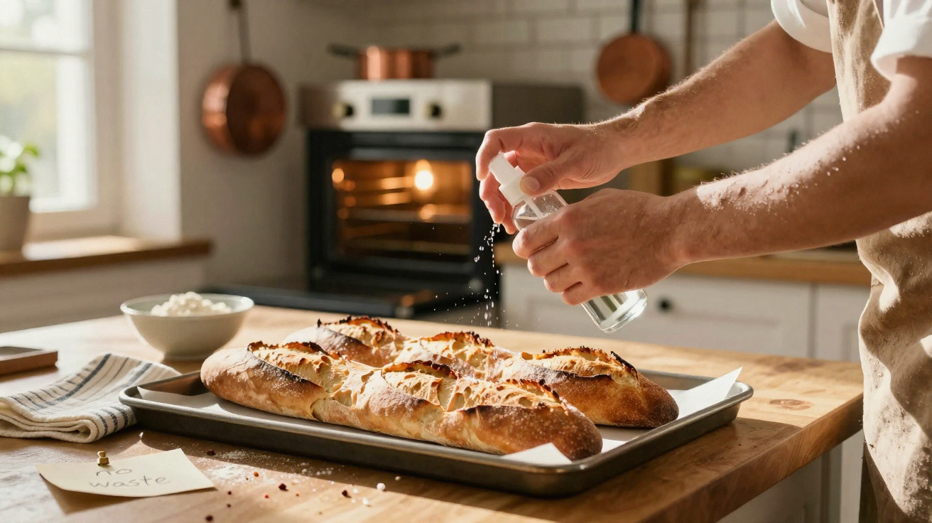 Pessoa salpicando sal em pães frescos sobre assadeira em cozinha com forno ao fundo.