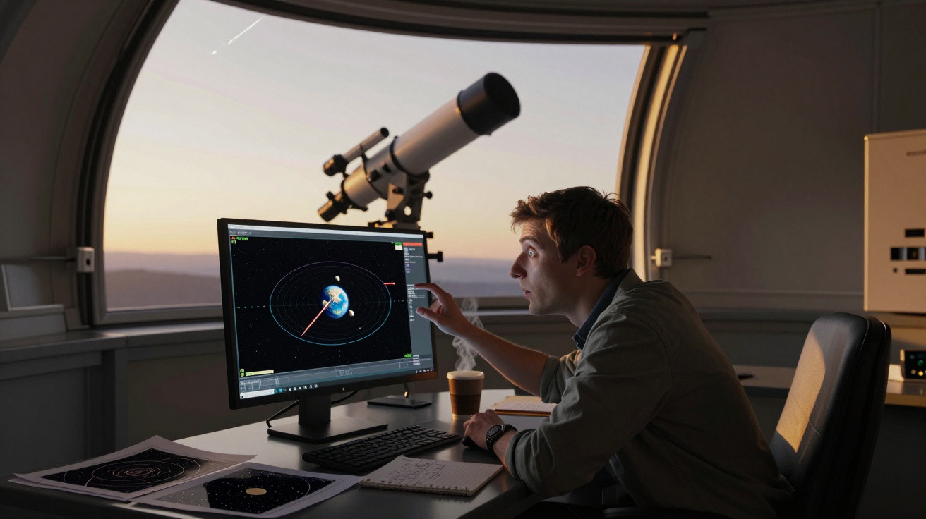 Homem em observatório usa computador com software de órbitas planetárias, telescópio ao fundo, pôr do sol visível.