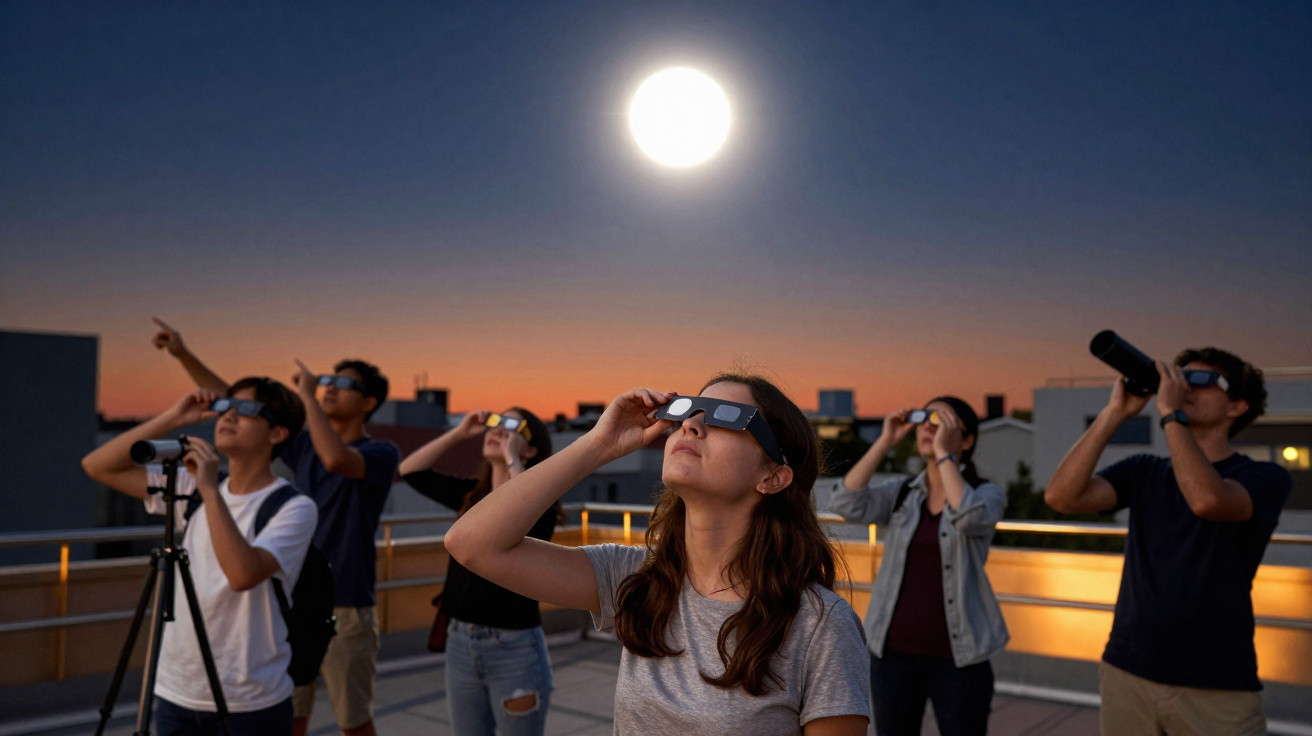 Grupo de pessoas em um terraço observando a lua cheia com óculos especiais ao anoitecer.