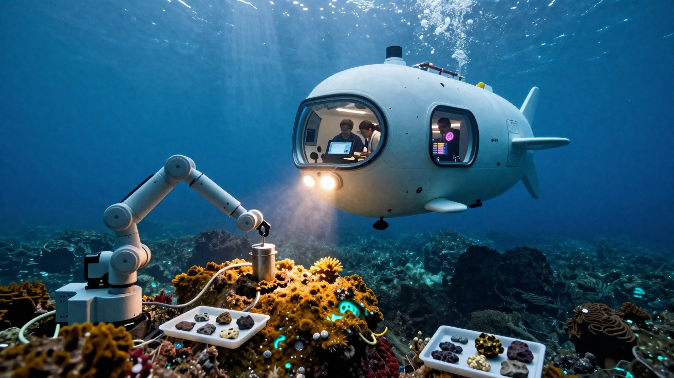 Submarino robótico com braços mecânicos explorando recife de corais no fundo do oceano.