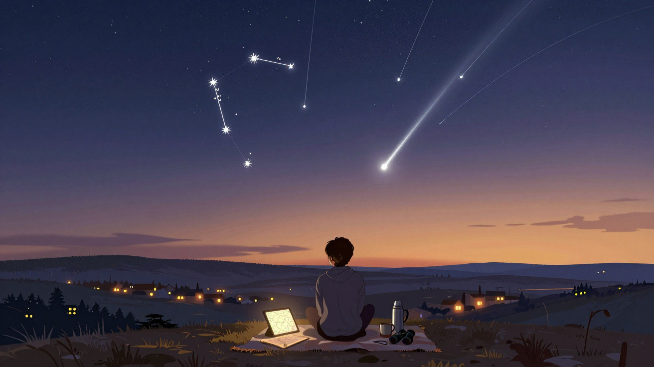 Pessoa sentada em campo ao anoitecer observando constelações e meteoros no céu estrelado.
