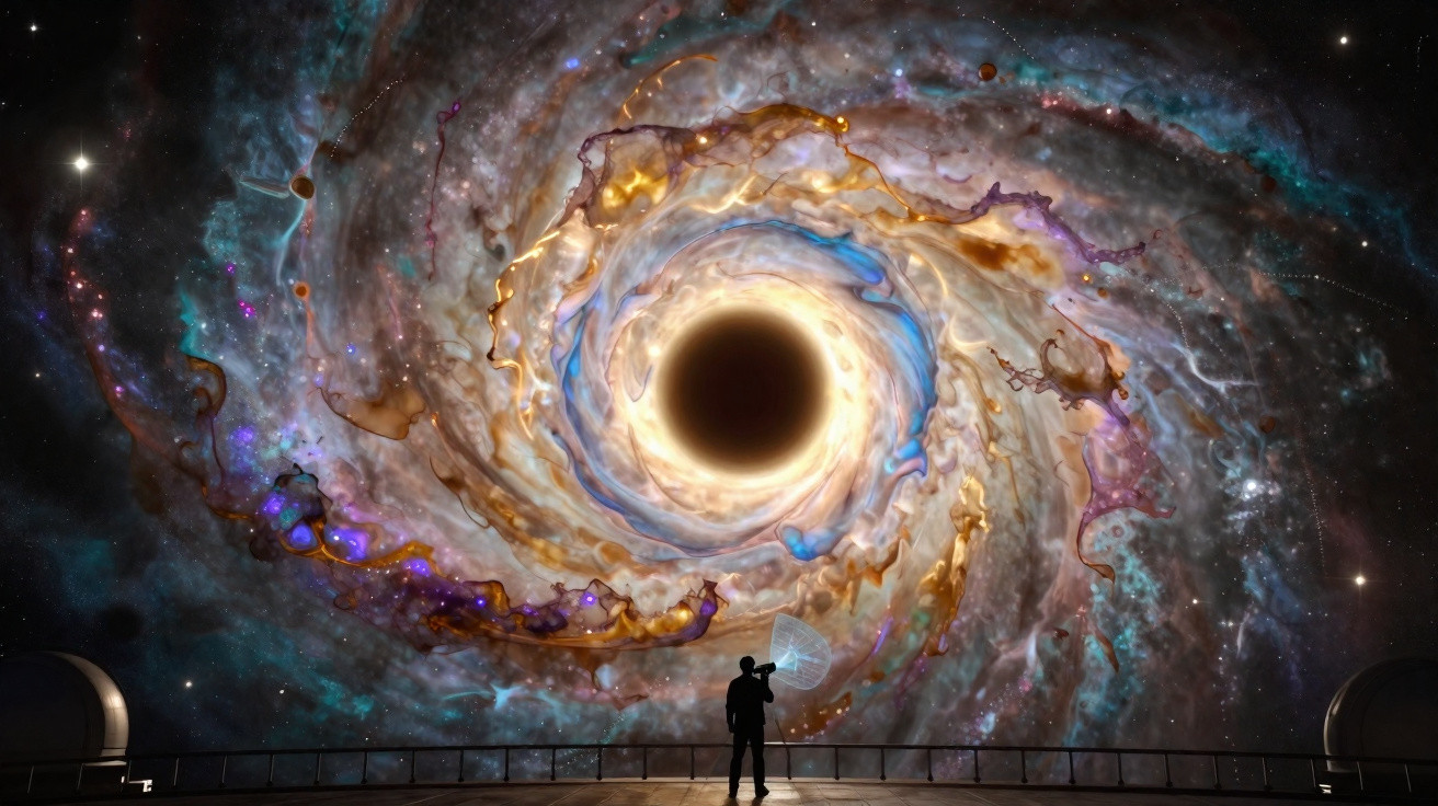 Pessoa com equipamento observa buraco negro colossal no centro de uma galáxia espiral colorida e brilhante.
