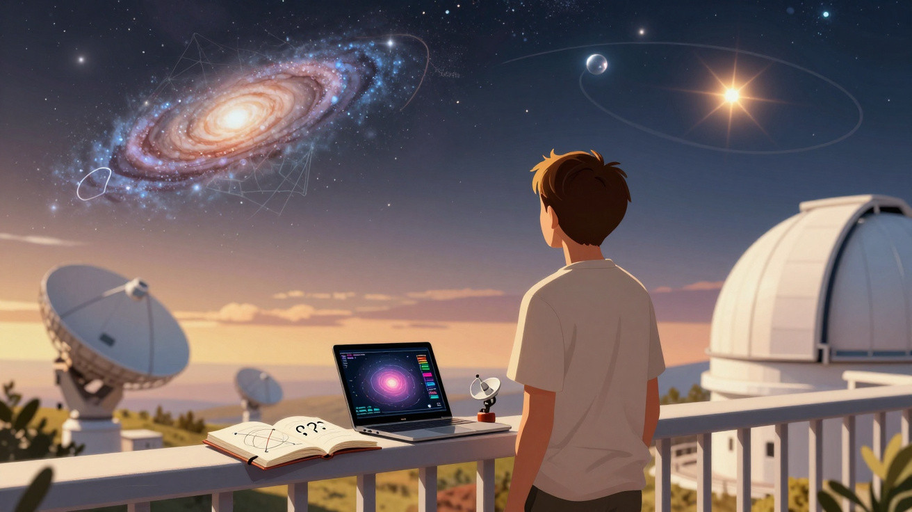 Garoto observa galáxia no céu noturno com telescópios e notebook em observatório astronômico ao entardecer.
